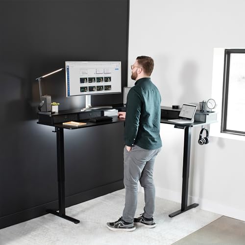 VIVO Black 63 x 55 in Corner Standing Desk, DESK-E3CVB | Electric, 2-Tier, Holds 225 lbs, L-Shaped, Sit Stand, Height Adjustable, Memory Presets, Black Frame, Dark Gray Drawers - color: Black Top / Black Frame, size: 55 x 63 + storage