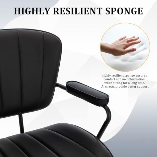 Mid Century Modern Walnut Leather Office Chair with Arms, Black | Fixed walnut bentwood back with armrests, height-adjustable swivel rolling base, PU leather seat, ideal for home office use - color: Black