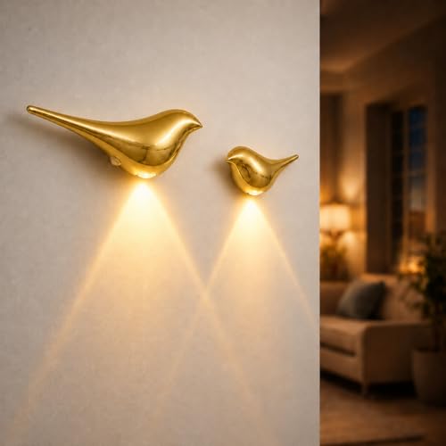 2-Pack Golden Bird Wall Light, Cordless Motion Sensor Night Light | Rechargeable magnetic bird sconce with soft 3-color glow for hallway, bedroom, stairs and nursery - color: Golden