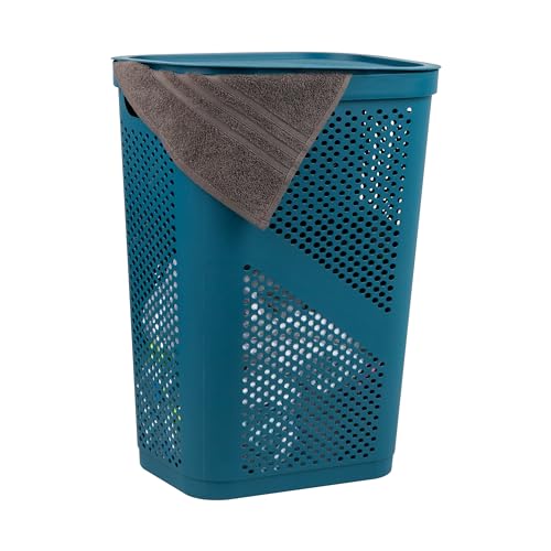 Mind Reader Slim Laundry Hamper with Lid, 60L Clothes Basket, Ventilated Plastic, Blue - color: Blue, size: Single