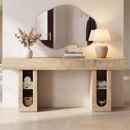Console Table, Entryway Table, Sofa Table with Outlet, 63 Inch High Density MDF Hallway Table, 5.9 Inch Thick Tabletop, Storage Shelves for Living Room Behind Couch - color: Natural