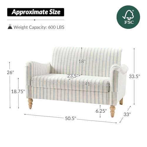 HULALA Home 50.5" Loveseat Sofa with Stripe Pattern, 2 Seater Sofa, Blue | Comfy Upholstered Couch, with Solid Wood Spindle Legs and Rolled Wide Armrests, Loveseat Couch for Living Room Bedroom - color: Blue, size: 2-Seater Loveseat