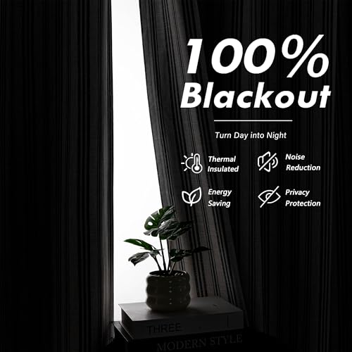 MYSKY HOME Striped Curtains 100% Blackout 84 Inches Long Black Stripe Farmhouse Rustic Curtains for Bedroom Living Room Patterned Linen Blended Double Layer Drapes, Grommet, 2 Panels, 52" Wide - color: B-black/Blackout, size: 52"W x 84"L (Pack of 2)