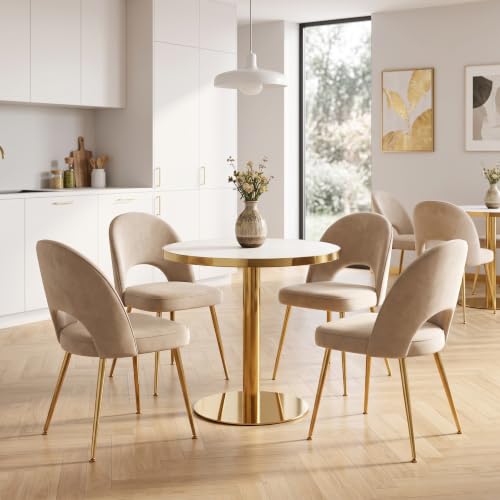 31.5" Round Dining Table, Glossy Sintered Stone Circle Tulip Table with Gold Pedestal, Modern Dining Room Table for Kitchen, Cafe, Living Room (White with Gold) - color: White With Gold