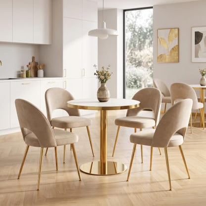 31.5" Round Dining Table, Glossy Sintered Stone Circle Tulip Table with Gold Pedestal, Modern Dining Room Table for Kitchen, Cafe, Living Room (White with Gold) - color: White With Gold
