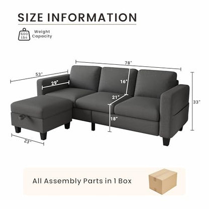 Couches for Living Room 3 Seats L Shaped Sofa with Storage Movable Ottoman | 78"Modern Linen Grey Couch 3 Seater Sofas with Chaise for Studio Apartment Office Basement Small Space, Easy Assembly - color: Dark Grey