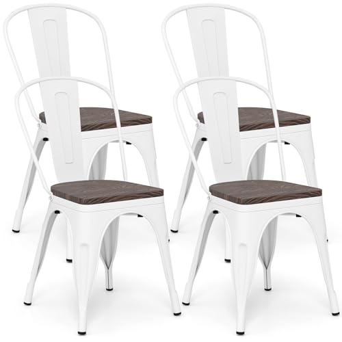 COSTWAY Stackable Metal Dining Chairs Set of 4 with Wood Seat and High Back | White, Industrial Vintage Style, Elm Wood Seat Board, 18 Inch, for Dining Room, Kitchen, Bar, Cafe, Bistro, Restaurant - color: White and Brown