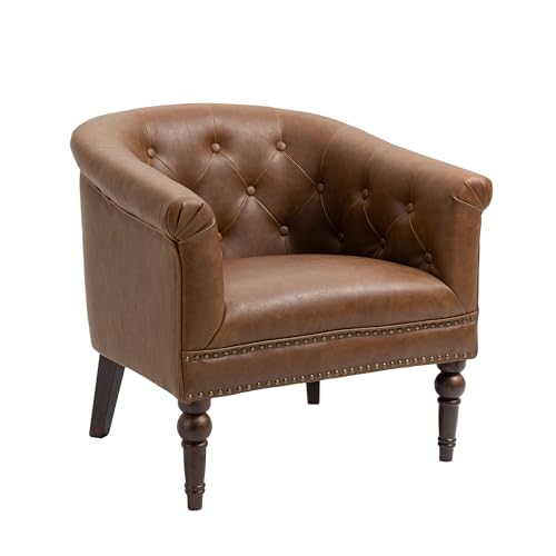PU Leather Barrel Accent Chair, Modern Upholstered Club Chair, Brown | Comfy Living Room Chair, Nailed Trim Barrel Arm Chair Bedroom Reading Seat | 27"D x 30"W x 30"H - color: Tan