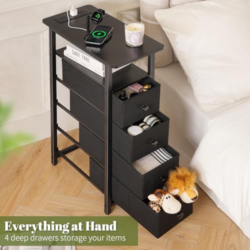 Yoobure LED Narrow Nightstand with Charging Station - Slim Dresser for Bedroom Narrow Side Table Storage Cabinet, Small Dressers Chest of Drawers, Tall Skinny Night Stand End Table for Small Spaces - color: Deep Black