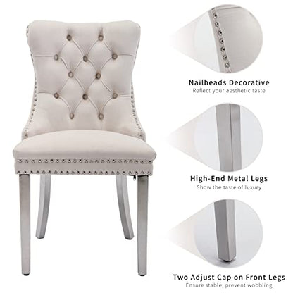 Beige Velvet Dining Chairs Set of 2, Tufted Kitchen & Dining Room Chairs | Two Fabric Dinning Chairs, Velvet Upholstered, Wing Back, Metal Pull Ring, Chrome Legs, Wood Frame, Mid Century Modern - color: A-3 Beige Velvet, Silver Legs, size: 2