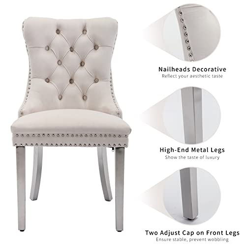 Beige Velvet Dining Chairs Set of 8, Tufted Kitchen & Dining Room Chairs | Eight Fabric Dinning Chairs, Velvet Upholstered, Wing Back, Metal Pull Ring, Chrome Legs, Wood Frame, Mid Century Modern - color: A-3 Beige Velvet, Silver Legs, size: 8