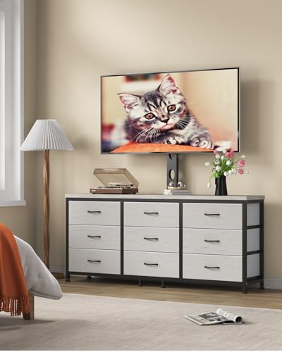 TV Stand with Mount for 32/55/65/75/85 inch TVs, Entertainment Center with 9 Fabric Drawers Dresser Storage, Height Adjustable Media Console - color: Greige