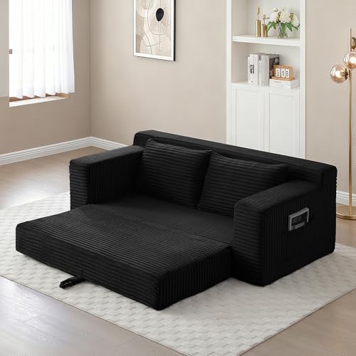 73" Corduroy Cloud Loveseat Sofa, 2-in-1 Convertible Sleeper Sofa Bed with Memory Foam, No-Assembly Sofa-in-a-Box for Small Spaces Living Room/Apartment/Office (Black) | Corduroy - color: Black
