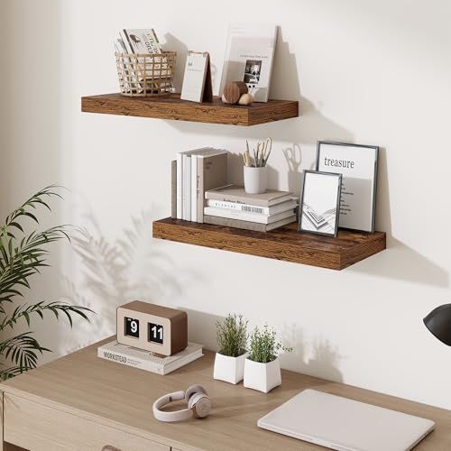Fun Memories 24 Inch Floating Shelves Wall-Mounted, 10 Inch Deep Wall Shelves, 24 x 10 Floating Shelf for Living Room Bathroom Bedroom, Rustic Brown, Set of 3 - color: Brown Color, size: 24W x 10D x 1.5H