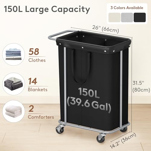Lifewit 150L Rolling Laundry Basket with Steel Frame, Removable Bag, Black | 2 Section Laundry Hamper with Rubber Wheels, Waterproof Large Laundry Cart, Sturdy Steel Base for Luandry Room, Bedroom - color: Black, size: 150L