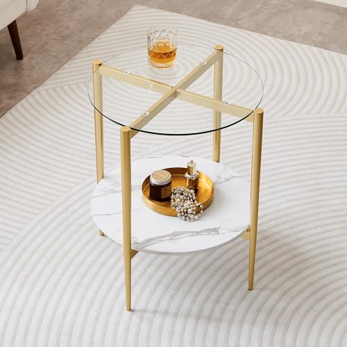LumFurn D18in Round Glass End Table, Mid-Century Modern Side Table for Living Room, D18xH23inch, Clear Glass and White Marble MDF Wood, Gold Finish Frame - color: D18" Clear & White Marble