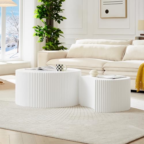 JUSTONE Set of 2 Nesting Side Table,Modern Round Wood Accent Side End Table for Living Room Bedroom and Entryway, Apartment,Nesting Tables for Small Spaces No Assembling (Matte White) - color: Round-white