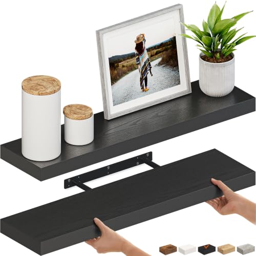 Ballucci Floating Shelves, 36" Wood Wall Shelf Set of 2, with Invisible Brackets for Bathroom, Living Room, Bedroom, Kitchen, Nursery, 6" Deep, Black - color: Black, size: 35.4 inches