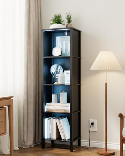 Bookshelf with LED Lights, Modern 4-Tier Bookcase, Open Storage Book Shelf, 11 × 14.2 × 50.4 Inches, Small Narrow Bookshelves for Living Room, Home Office, Bedroom, Black - color: Black
