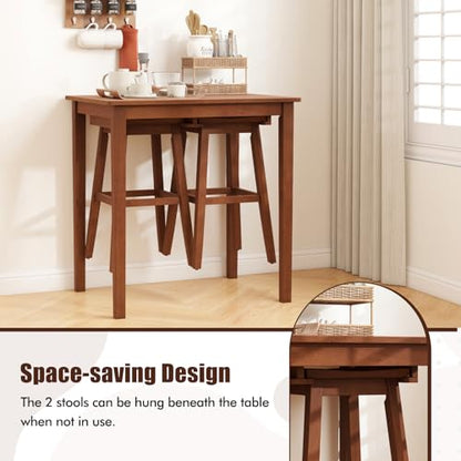 COSTWAY 3-Piece Bar Table Set, Wooden Bistro Set w/Pub Table and 2 Saddle Stools, Bar Chairs Under Counter Height Table, Space-Saving Dining Set for Breakfast Nook, Living Room, Small Space | Bar Chairs Under Counter Height Table, Space-saving Dining Set