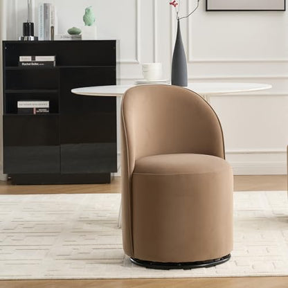 KEIKI Swivel Barrel Dining Chair, Velvet Upholstered Vanity Chair, Brown | Mid Century Modern Style, Round Armless Design, Curved Back Support, Small Space Seating, Dining, Vanity Or Accent Use - color: Brown