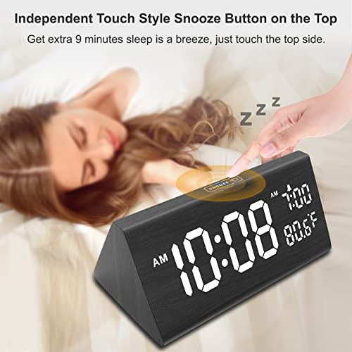 DreamSky Wooden Digital Alarm Clock for Bedroom with USB Port | 7.7" Electric Clocks with Large Numbers, Temperature, 0-100% Brightness Dimmer, Adjustable Alarm Volume, Snooze, 12/24H - color: Gray