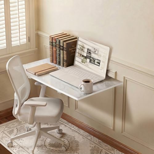 GOYLSER Wall Mounted Table Fold Down Workbench Length 25" Width 15.7", White Marble Laundry Floating Desk for the Garage/Shed/Office/Bar/Home Kitchen & Dining Room - color: White Marble, size: 25"x15.7"