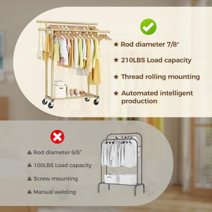 HYSEYY Double Rods Clothes Rack, Sturdy Rolling Clothing Rack, Portable Clothing Racks for Hanging Clothes - Metal Garment Rack Wardrobe Coat Rack for Bedroom Laundry Living Room, Light Gold - color: Light Gold