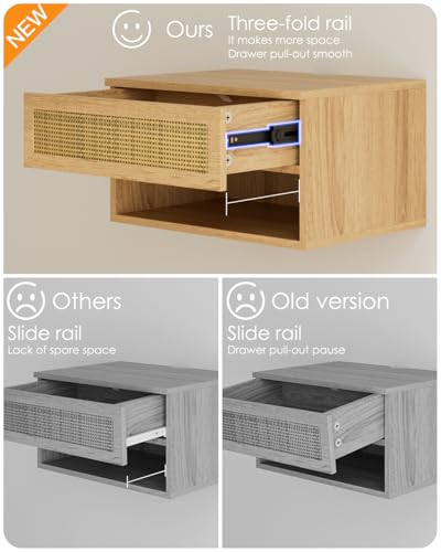 Modern Floating Nightstand with Drawer, Wall Mount Shelves, Oak Rattan | Small Space Saver, Modern Minimalist Design, Wall Mounted Shelves, for Bedroom, Bathroom, Living room, Easy Assembly, Rattan - color: Oak Rattan