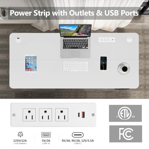 Electric Standing Desk with Wheels, 63'' x 24'' Standing Desk Adjustable Height with Charging Station, 2 USB Ports, 3 Power Outlets, 4 Caster, 27''-46'' Lifting Range Stand up Desk(White) - color: White, size: 63 x 24''