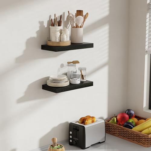 Acovy 16 Inch Floating Shelves, 8 Inch Deep Floating Shelves for Wall, Hanging Shelf with Invisible Brackets, Deep Shelves for Bathroom, Bedroom, Living Room, Black, Set of 2 - color: Black, size: 8"Wx16"L-2pcs