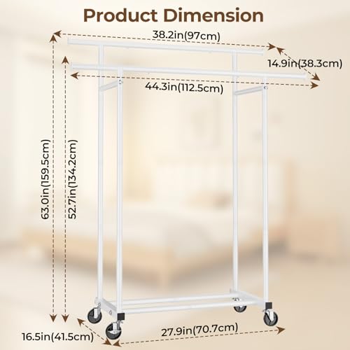 HYSEYY Double Rods Clothes Rack, Rolling Clothing Rack for Hanging Clothes Portable Wardrobe Rack, Metal Garment Rack Sturdy Coat Rack for Bedroom Laundry Living Room, White - color: White