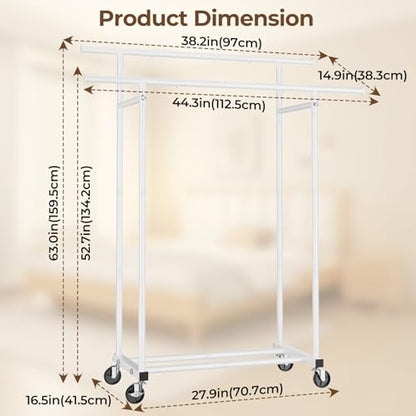 HYSEYY Double Rods Clothes Rack, Rolling Clothing Rack for Hanging Clothes Portable Wardrobe Rack, Metal Garment Rack Sturdy Coat Rack for Bedroom Laundry Living Room, White - color: White