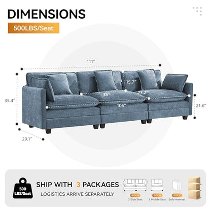 111'' Sectional Cloud Deep Seat Couch, Modern Comfy Chenille Modular Sectional Sofa for Living Room Set, Upholstered Modular 3-Seats Sofa Couch, Blue - color: Blue, size: 111'' 3 Seats
