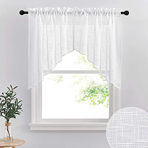 RYB HOME Short Kitchen Valances and Curtain Set for Small Windows | Privacy White Linen Swag Curtains, Semi Sheer Bathroom Tiers, Small Window Decor, for RV Camper Bathment, W36 x L36, 1 Pair - color: White, size: 36"W x 36"L (Pack of 2)