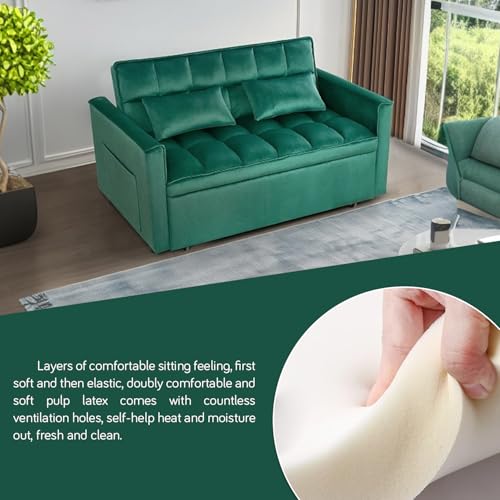 3 In 1 Velvet Convertible Sofa Bed, Pull Out Couch Bed with Reclining Backrest And 2 Pillows, 54" Full Size Loveseat Sleeper Sofa Futon Couch Beds, Couches For Small Spaces, Living Room (Dark Green) - color: Dark Green