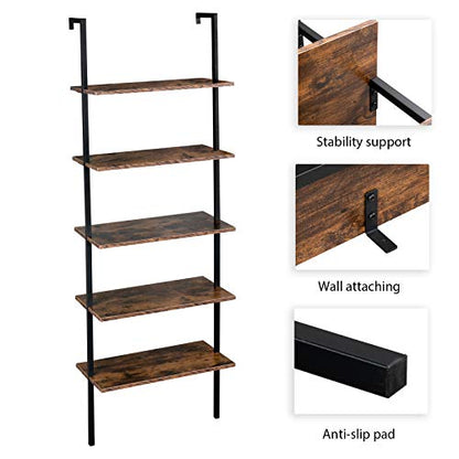 5-Shelf Modern Bookcase, Open Wall Mount Ladder Bookshelf with Industrial Metal Frame for Living Room Bedroom Home Office (Brown5) - color: Brown5