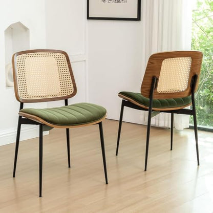 Rattan Dining Room Chairs Set of 4, Mid Century Modern Kitchen Chairs,Green Velvet Walnut Wood Finish Side Chair, Metal Legs Chair with Rattan Backrest,Green Fabric - color: Green 2, size: Set of 4