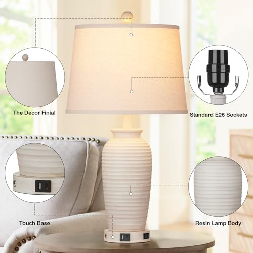 CINSARY 24.3" Farmhouse Jar Table Lamps Set of 2, 3 Way Touch Control Rustic Bedside Lamps with USB A+C Ports & AC Outlet, Pot Nightstand Lamps for Bedroom Living Room (LED Bulbs Included) - color: Cream