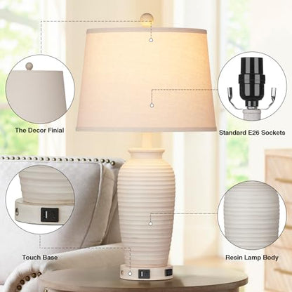 CINSARY 24.3" Farmhouse Jar Table Lamps Set of 2, 3 Way Touch Control Rustic Bedside Lamps with USB A+C Ports & AC Outlet, Pot Nightstand Lamps for Bedroom Living Room (LED Bulbs Included) - color: Cream