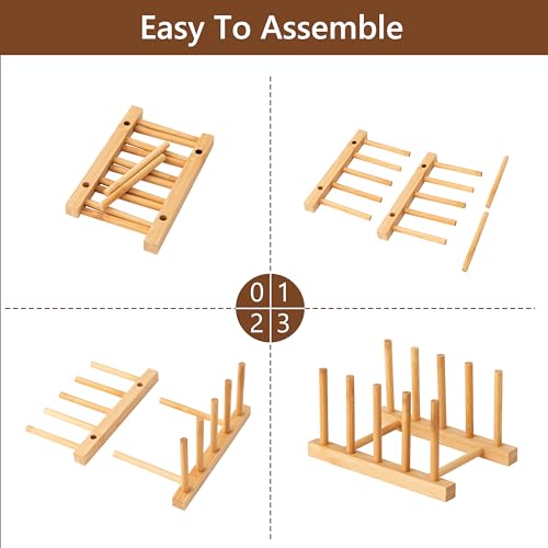 HBlife 2pcs Bamboo Dish Plate Bowl Cup Book Pot Lid Cutting Board Drying Rack Stand Drainer Storage Holder Organizer Kitchen Cabinet（Keep Dry） - color: Bamboo 4 Slots 2pcs