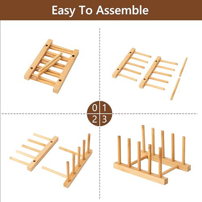 HBlife 2pcs Bamboo Dish Plate Bowl Cup Book Pot Lid Cutting Board Drying Rack Stand Drainer Storage Holder Organizer Kitchen Cabinet（Keep Dry） - color: Bamboo 4 Slots 2pcs