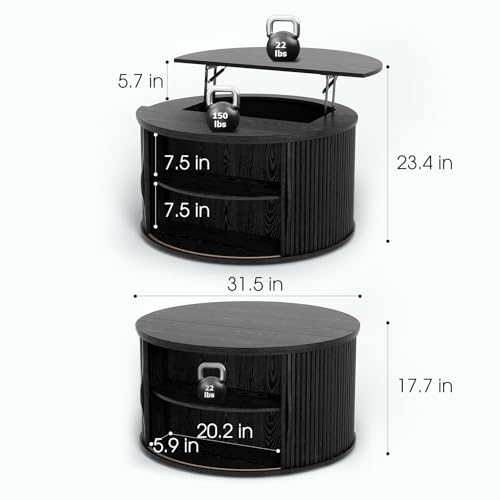 SULIVES Round Coffee Table with Lifting Top, Multifunctional Lift Top Drum Coffee Table with Sliding Door, Small Fluted Center Table for Living Room,Black - color: Black_round-lift-top