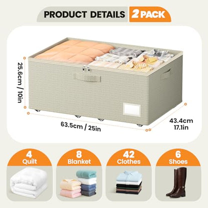 Dayacoco Under Bed Storage With Wheels,10in Underbed Storage Containers 65L | Large Capacity Underbed Storage, No Assembly Required Rolling Under Bed Storage for Clothes Blankets Shoes Beige - size: 10.1 inch height-beige