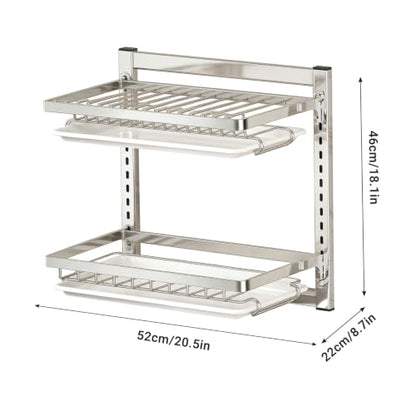 Wall Mounted Dish Drying Rack, 2 Tiers Over Sink Dish Drying Rack Rustproof Stainless Steel Drain Storage for Kitchen, Silver..