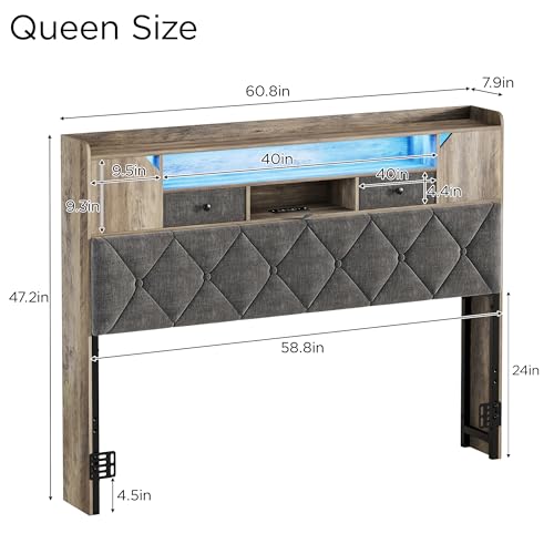 Maupvit Headboard for Queen Size Bed with Storage, Upholstered Headboard Only, Wood Head Board with Charging Station and Led Light, Height-Adjustable, Hidden and Open Storage, Rustic Grey