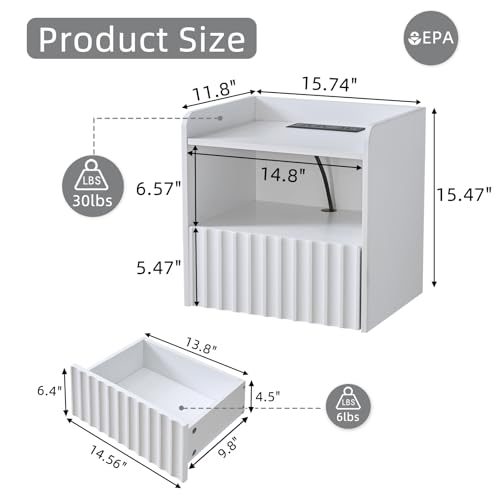 BuildHom Modern Fluted Floating Nightstand Wall Mounted Set of 2- Bedside Table with Storage Drawer & Display Shelf, Minimalist Bedroom Furniture for Studio Apartments (Matte White) - color: Matte White, size: Set of 2