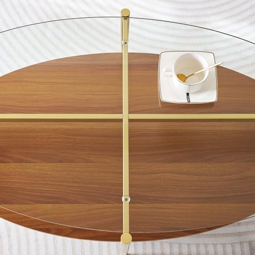 LumFurn Oval Glass Coffee Table, Surfboard Shaped Mid-Century Modern for Living Room, L43xW22xH17inch, Clear Glass and Walnut Finish Wood, Gold Finish Frame - color: Oval L43" Clear & Walnut