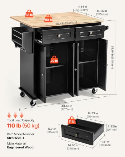 VEVOR Kitchen Island Cart with Storage, 43.58 in Wide Mobile Rolling Storage Island on Swivel Wheels, with 2 Drawers, Storage Cabinet, Drop Leaf, Spice/Towel Rack, Table for Home Dining Room, Black | Home Dining Meal Prep Station With Spice Towel Rack Hoo