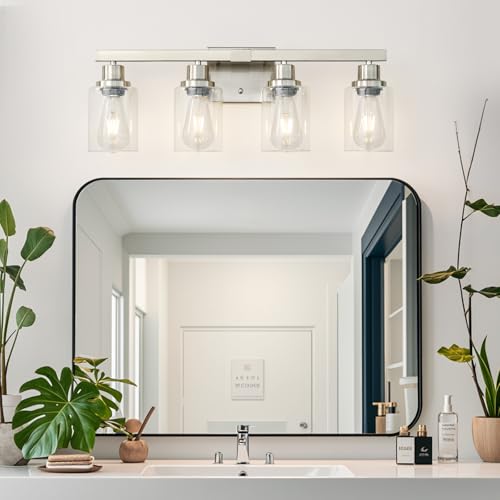 Bathroom Vanity Light, 4-Light Nickel Modern Matte Wall Sconce Lighting with Clear Glass Shade, Wall Lights,Bath Vintage Wall Mounted Lamps for Mirror Bedroom Living Room - color: Nickel, size: 4-light